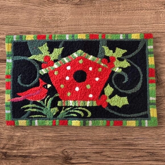 Festive Winter Door Mat Jellybean Accent Rug w Cardinal Birdhouse & Holly - Picture 2 of 8